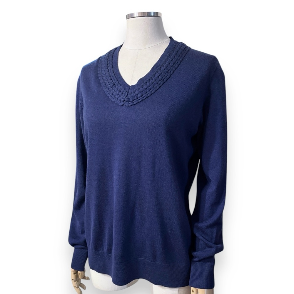 BROOKS BROTHERS Extra Fine Merino Braided V Neck Sweater Navy Blue
